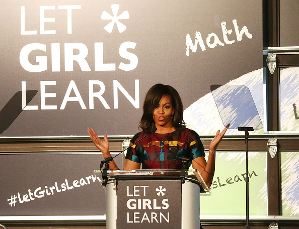 WASHINGTON, DC - MARCH 08:  U.S. first lady Michelle Obama speaks at the Union Market to celebrate International Women's Day, March 8, 2016 in Washington, DC. U.S. first lady Obama spoke to women gathered to mark the first anniversary of the Let Girls Learn initiative.  (Photo by Mark Wilson/Getty Images)