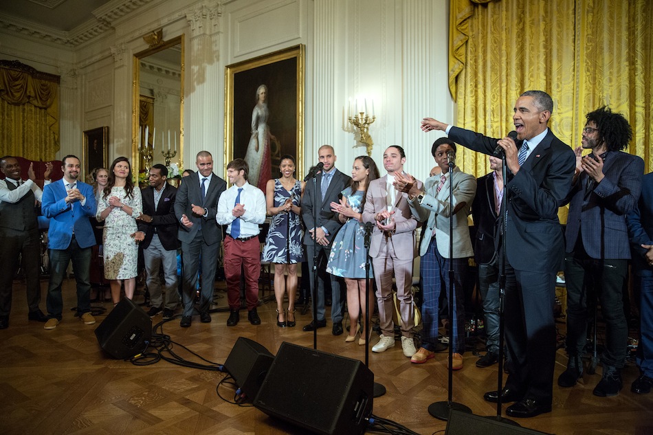 President Barack Obama makes closing remarks following a performance of musical selections from "Hamilton" in the East Room of the White House, March 14, 2016. (Official White House Photo by Pete Souza)